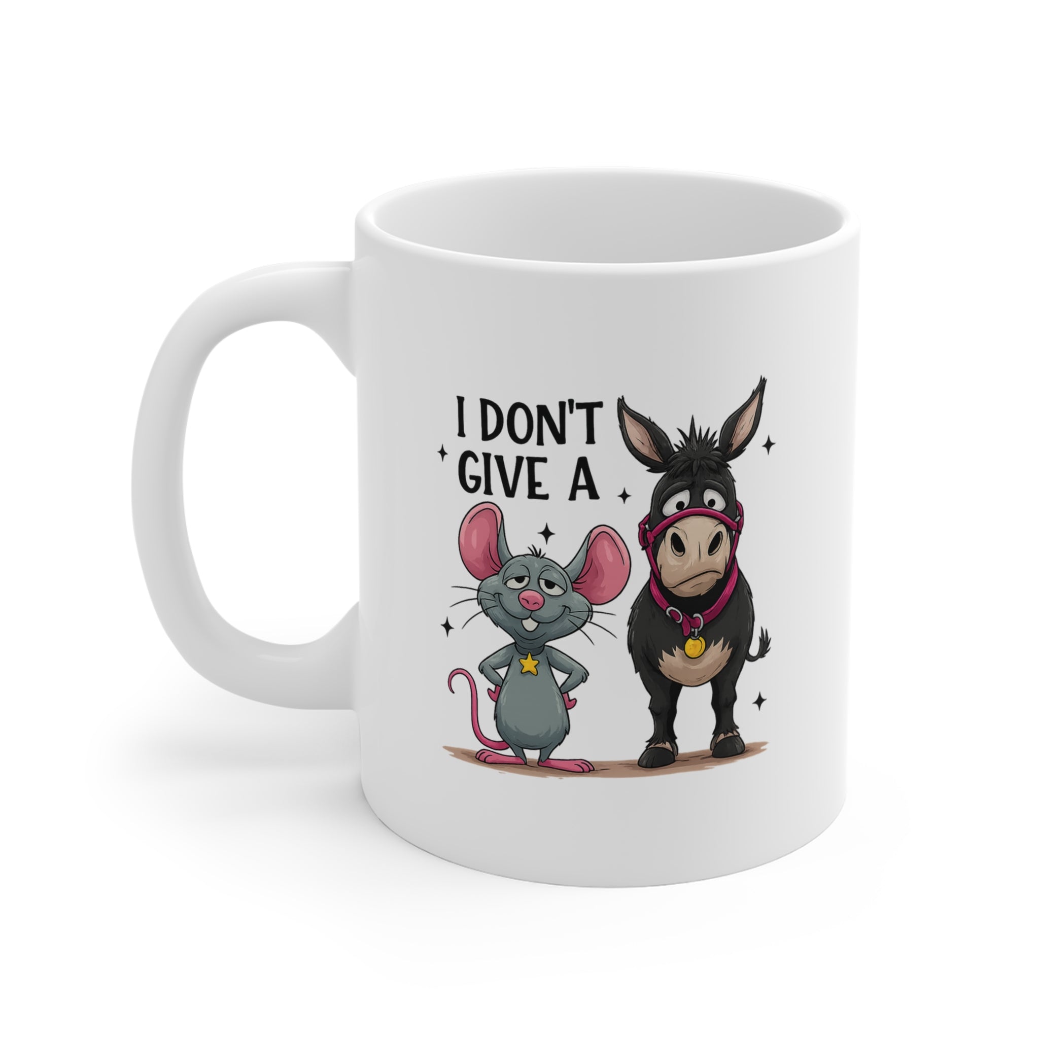 I Don't Give a... Mug — Funny Donkey & Mouse Coffee Cup, Humorous Gift for Coworkers & Friends